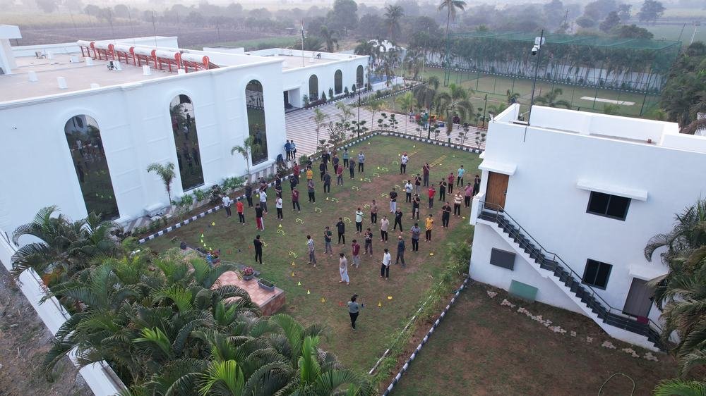 Morning fitness session — aerial view